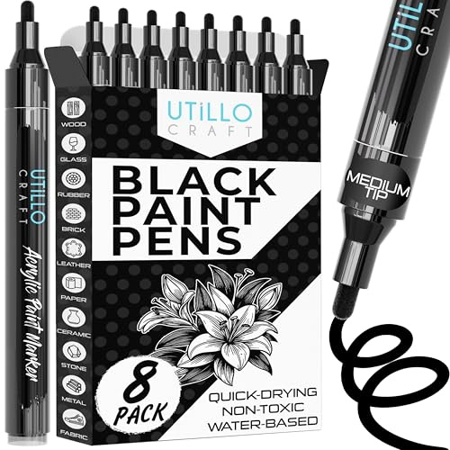 Utillo Craft Black Paint Pen (8-Pack), 2-3mm Medium Black Paint Markers | Bold Color Permanent Black Acrylic Paint Pen for Metal, Fabric, Wood, Glass, Paper, Plastic, Rock, Leather | Artist DIY