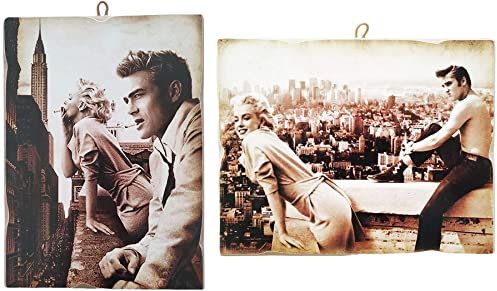 KUSTOM ART Set mit 2 Bildern im Vintage-Stil, Serie berühmter Schauspieler Marilyn Monroe, James Dean, Elvis Presley. Druck auf Holz 18 x 25 und 25 x 18 cm. Für Restaurant, Pizzeria, Bar, Hotel.