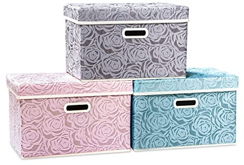 PRANDOM Aufbewahrungsbox mit Deckel,Multicoloured,38x25x25cm,3-Stück | Faltbare,Stapelbar,Mit Griff,Rosenmuster Stoff Aufbewahrungskörbe,Dekorative Würfel,Mit Etikettentasche,Schlafzimme,Schrank