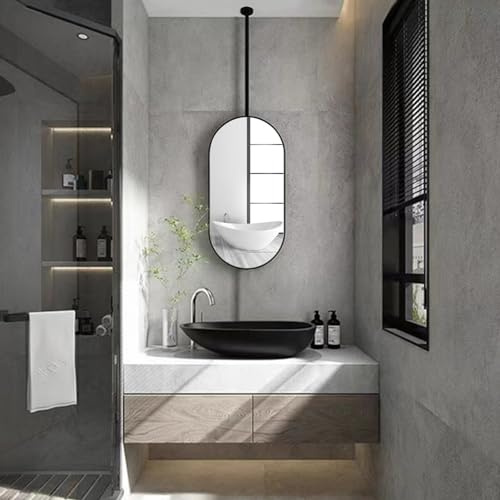 DMCHENGMA Oval Black Metal Ceiling Mounted Mirror, Decorative Simple Glass Mirror with Ceiling Hanging Rod (Boom can be customized), Floating Bathroom Vanity Makeup Shaving Mirrors (Size : 40cmx60cm)