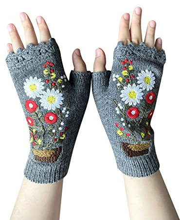 Handgemachte graue gestrickte Herbst-Winter-Handschuhe für Damen Retro-Häkelhandschuhe Alpaka Fell (Gray, One Size)