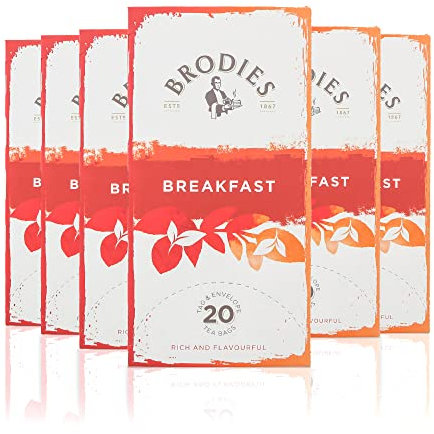 Brodies Breakfast Tag and Envelope - 6 Tea Boxes of 20 Tea Bags each (total 120 Tea Bags) - Rich and flavourful Scottish Tea with a bright and brisk malty flavour - Ideal for Breakfast