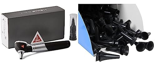 Heine mini 3000 FO otoscoop & GIMA - Mini Einweg-Ohrenspekulum, Ø 4 mm, Schwarze Farbe, Latexfrei, Packung mit 250 Stücken