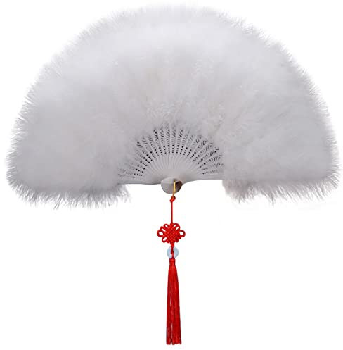 Surakey Marabou Feather Fan 20s Vintage Folding Fan Flapper Hand Fan with Tassels Women Handheld Fan for Costume Dancing Show Tea Party Gifts Wedding Decoration (White)