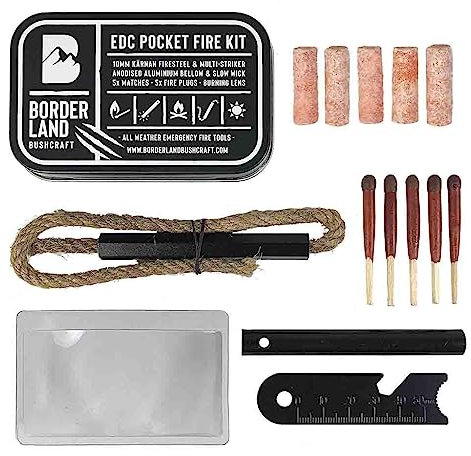 Borderland Bushcraft EDC Survival Fire Starter Kit - Waterproof Stormproof Matches, Ferro Rod & Multitool Scraper, Tinder Wick & Bellow, Fire Plugs and Fresnel Magnifying Lens - Camping Essentials UK