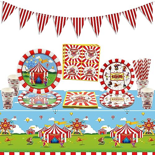 Carnival Party Supplies, Include Carnival Banner, Welcome to Circus Tablecloth, Paper Plates, Napkins, Cups, Circus Carnival Party Decorations for Kids Boys Girls Birthday Party, Serves 20 Guests
