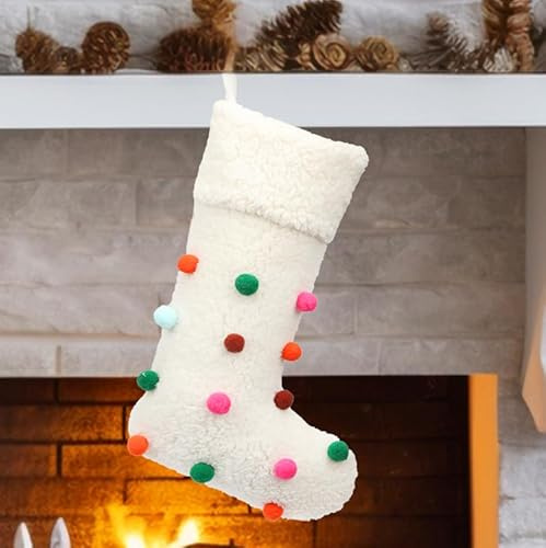 Hopearl Großer Weihnachtsstrumpf mit Pompons im Boho-Stil - Superweicher Berberstoff mit luxuriösen Geschenkbeuteln für Weihnachtsbaum & Familienfeiern (Creme, 50 cm)