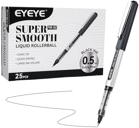 EYEYE 0.5mm Black Rollerball Pens 25 Pack, Extra Fine Point Roller Ball Pen Quick Dry, Liquid Ink Pens Fine Point Smooth Writing Pen for Journaling, Note Taking, Office, School Supplies