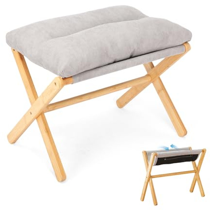 Nisorpa Repose-pieds pliable canapé/ottoman, tabouret à langer bambou, marchepied bois coussin velours, gris