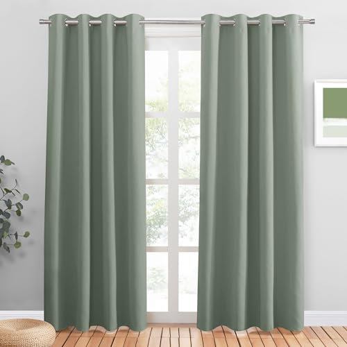 PONY DANCE Blackout Vorhang Wärmeisolierend Wohnzimmer Gardinen Modern Übergardinen mit Ösen 2er Set Verdunklungsvorhänge Thermovorhang Kälteschutz, H 210 x B 132 cm, Salbeigrün