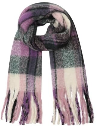 FASHION YOU WANT Damen Web Strickschal mit buntem Karo Muster und langen dicken Fransen, warmer Winter, Stola (S04)
