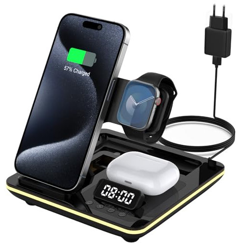HATALKIN 5 in 1 Apple Induktive Ladegerät,iPhone Faltbar Ladestation Kompatibel mit iPhone 16 Pro Max/Pro/Plus/15/14 Apple Watch 10/Ultra 2 AirPods Pro 2/4/3,Wireless Charger mit Wecker und Nachtlicht
