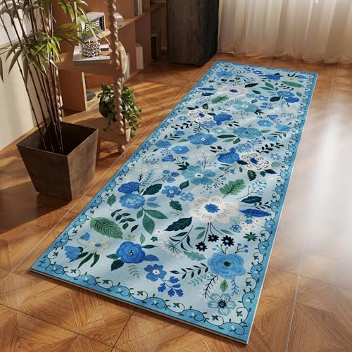 Rugcomf Läufer für Flur, Küche, Teppich, rutschfest, 60 x 200 cm, waschbar, mit Gummi-Rückseite, weicher Blumenmuster, Läufer für Flur, Küche, Waschküche, Schlafzimmer, Badezimmer (blau)