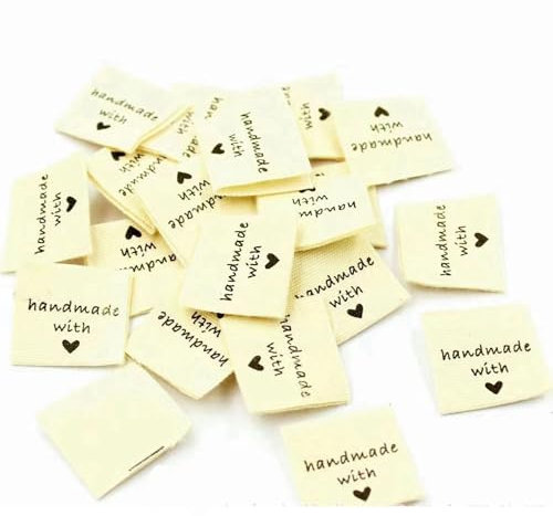 Eleutheromania 100 Pcs handgefertigtes Etikett, Handmade Label zum Annähen, Handmade Etiketten Stoff, Handarbeit Etiketten Nähen für DIY Deko(Weiß)
