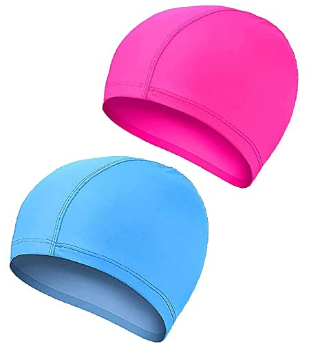 Paquete de 2 Gorros de natación para Hombres y Mujeres,Elástico Sombreros de Natación Gorros De Natación Unisex para Adultos Y Niños(Lake Blue > Black)
