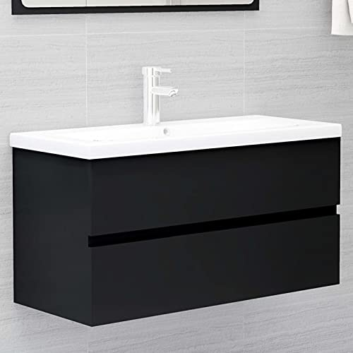 BaraSh Sink Cabinet with Built-in Basin Black Engineered Wood,Vanity Unit with Sink Matt for Cloakroom Bathroom Wall-mounted