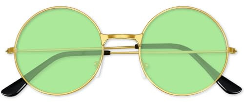 BOUBONI Hippie Sonnenbrille 70er Jahre Runde Hippie Brille Party Deko Sonnenbrille für Damen mit farbigem Brillenputztuch (Hellgrün)