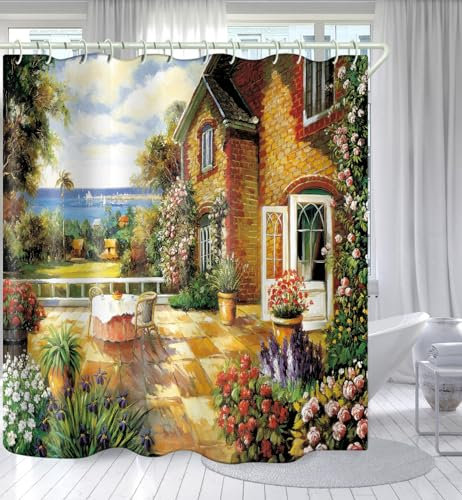 LYFANS Cortinas de ducha decorativas con pintura al óleo 3D de color rural, cortinas de ducha de tela con 12 ganchos para cortinas de ducha, cortinas de bañera, cortina de ducha impermeable de 59 x 72