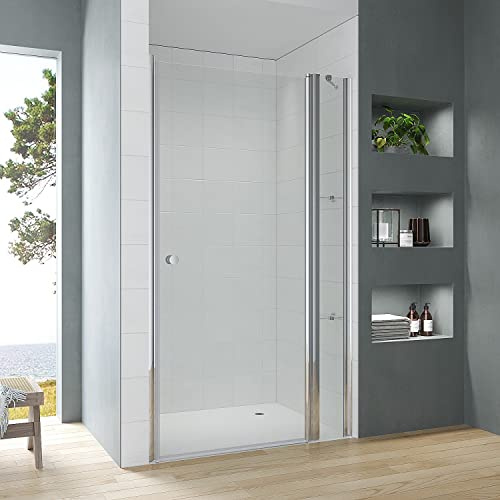 Duschtür Glas 105cm Verstellbereich 104-108 cm Drehtür Schwingtür an Festteil für Nische mit Duschablage, Chromoptik, Innen- und Außenöffnung, Hebe-Senk-Funktion, 5 mm ESG Echtglas klar, Höhe 187 cm