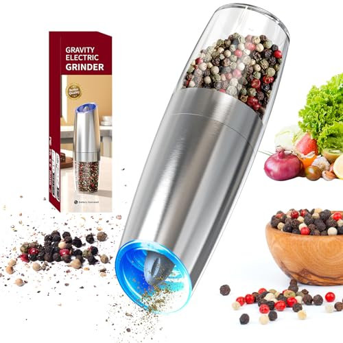 CIRCLE JOY Gravity Electric Pepper Grinder Battery Operated Pepper Mill Electric with White LED Light, Adjustable Coarseness, Washable 135ml Container, Silver