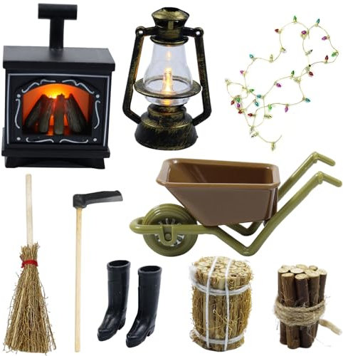 Wichtel Zubehör Set, Puppenhaus Kamin mit Licht, Puppenhaus Zubehör Weihnachten, Miniatur Kamin, Miniatur Wichtel Zubehör, Miniatur Puppenhaus für Wichtel Zubehör Weihnachten Deko