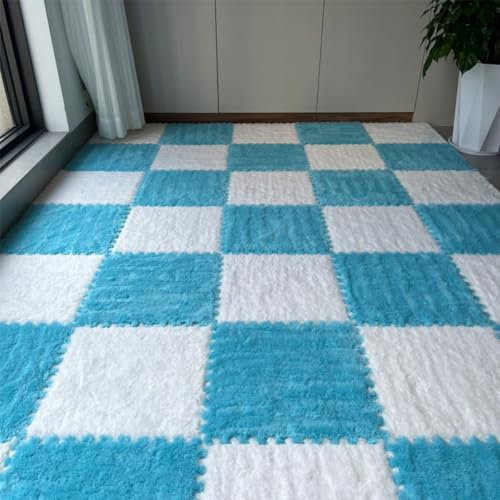 12Pcs/24Pcs 12x12x0.4inch EVA Plush Floor Tiles Mat, Thickened Warm Interlocking Puzzle Area Rug, Crawling Mat Carpet for Home Office Nursery Gym Yoga (12Pcs,Dark Blue and White)
