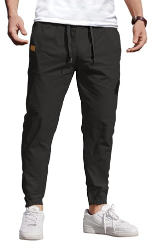 COOFANDY Hosen Herren Cargohose Jogginghose Baumwolle Elastischer Bund Casual Sweatpants Freizeithose mit Gummizug Schlupfhose mit Taschen Schwarz L