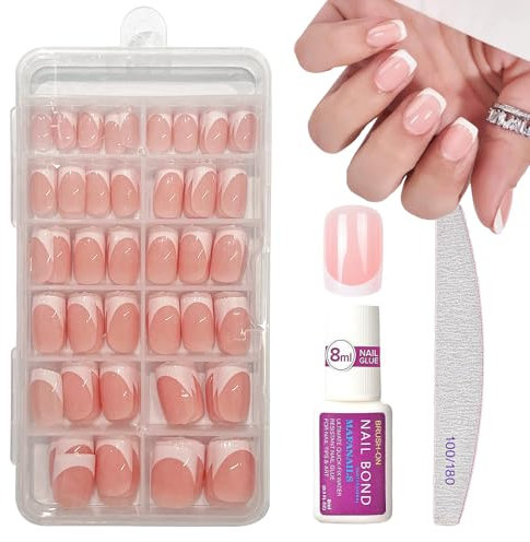 120pcs Press on Nails Kit - French Tip Short Square Nude Color Fake Nails With Glue - White Tips in 12 Sizes - Full Cover Acrylic Stick on Nails for Women Girls