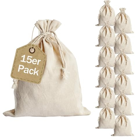 SPRINTIS Leinensäckchen naturfarben, 26 x 35 cm (15 Stück) - Leinenbeutel mit doppelter Baumwollkordel - für Hochzeit, Weihnachten, DIY Deko, Adventssäckchen