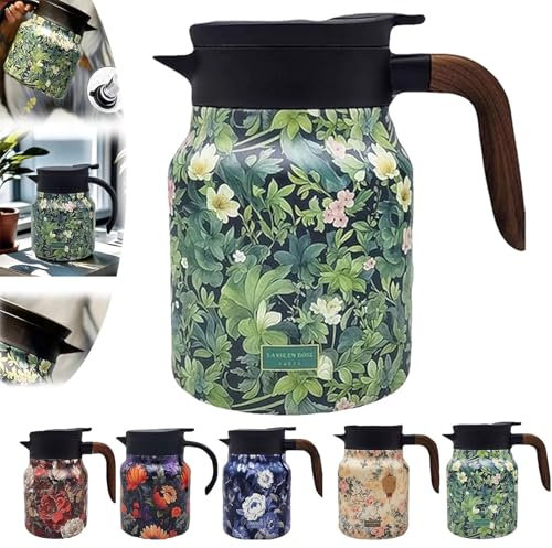 Raidley - Termo de té con patrón floral vintage, infusor integrado, tetera Doresty, cafetera pequeña, jarra térmica de acero inoxidable con tapa para bebidas calientes (verde, 800 ml)