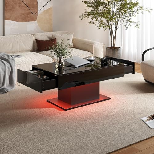 KEEPREAPER Black Led Coffee Table with 2 Storage Drawers for Living Room, Living Room Table Rectangular Center Table, Modern High Glossy Wooden Coffee Tables with Lights for Dining Reception Room