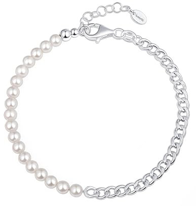 Amberta Italienische Damen Armband Perle 925 Sterling Silber | Armband Damen Silber mit Kunstperlen, Stapelbares Armband Hochzeitsarmband Braut Geschenk Verstellbares: Panzerarmband Damen