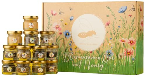 Blumensamenbox mit Honig – 12-teiliges Geschenkset für Bienen, Wildbienen & Schmetterlinge Inkl. 2 Honigsorten & Begleitheft - Die perfekte Saatbox mit Blumen und Honig