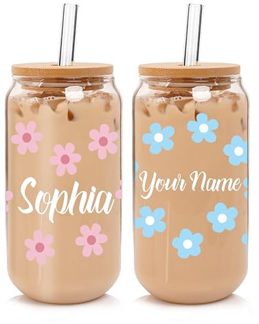 Personalised Glass for Women Glass Cups with Lids and Straws-18OZ Iced Coffee Cups with Lids, Personalised Tumbler, Mothers Day Birthday Gift for Women