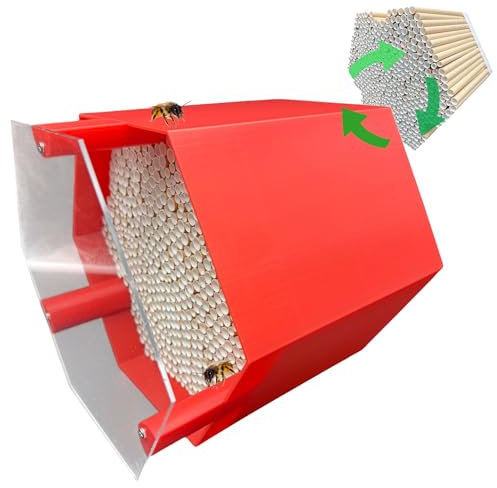 Wildbienen-Nisthilfe – absolut haltbar & wetterfest. Insektenhotel mit 600 Nisthülsen. Hochwertiges Wildbienenhotel für Gartenfreunde (Rot, Bienenhotel mit Vogelschutzabdeckung)