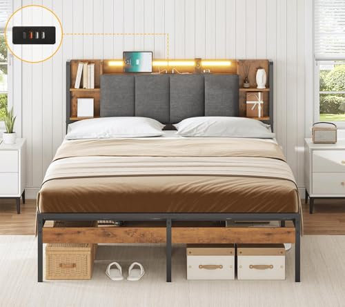 AOGLLATI Lit 140x190 avec Sommier LED Réglable avec Multiprise,Cadre de Lit 140x190 avec Rangement, 5 Compartiments Ouverts et 1 Caché - sans Matelas