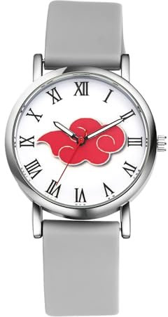 JewelryWe Damenuhr Kinderuhr Anime Uhr: Cartoon Naruto Rote Wolke Analog Quarz Armbanduhr Damen Kinder Grau Silikonarmband Ultradünne Uhr mit römischen Ziffern Geschenk für Anime-Fans