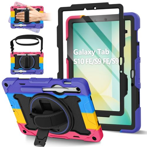 ROSROME Case for Samsung Galaxy Tab S10 Lite/S10 FE/ S9 FE 10.9-Inch/S9 11 | with Screen Protector, Shockproof Kids Tablet Cover, 360°Rotating Stand/Shoulder Strap/Penicl Holder, Rainbow