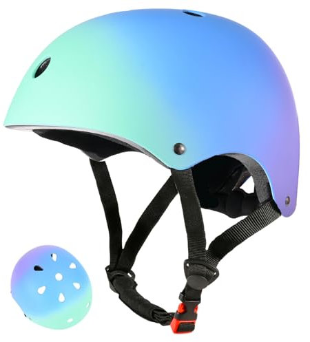 LOKJIJI Verstellbarer Kinder Fahrradhelm Skaterhelm für Mädchen Jungen Jugend, Farbe Farbverlauf Kinder Schutzhelme für Multi-Sportarten Fahrrad Skateboard Skaten, Grün Blau, S