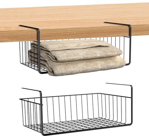 UISEBRT Hängekorb Metall 2er Set, Schrankkörbe Aufbewahrungskorb Schwarz für Küche, Speisekammer, Bad, Büro, Bücherregal, Kleiderschrank – Unterregal Organizer mit einfacher Montage