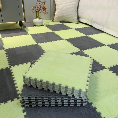 Plush Interlocking Foam Floor Mat 50 Soft Fluffy Puzzle Mats Jigsaw Carpet for Kids Climbing & Play Grey & Grass Green Non Toxic Easy to Clean