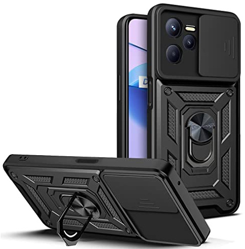 JayModCase Hülle für Oppo Realme C35 / Narzo 50A Prime 4G Handyhülle Slide Kameraschieber Case Drehbarer Ringhalter Stoßfest Kratzfeste Schutzhülle Handy Hüllen Narzo 50A Prime 4G - Schwarz