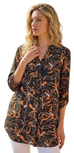 Roman Originals Shirt for Women UK Ladies Longline Top Collarless Blouse Smart Tunic Casual Evening Relaxed Fit 3/4 Length Sleeve Notch V Neck Long - Black - Size 12