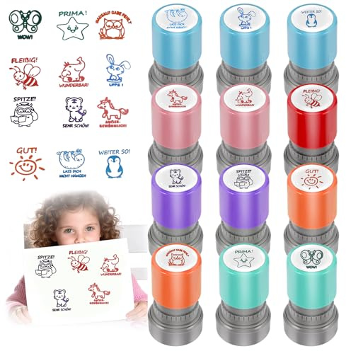 12 Stück Selbstfärbende Lehrerstempel, Motivstempel mit Cartoon-Motiven | Buntes Stempel-Set zur Ermutigung und Belohnung von Kindern für Schule, Hausaufgaben und Bildung