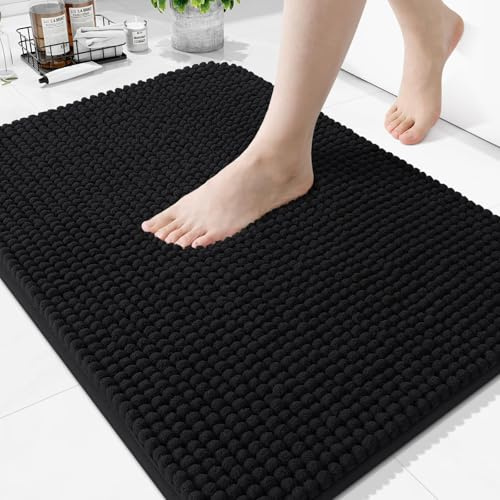 Homaxy Saugfähiger Dicker Chenille Badteppich 60×90 cm, Schwarz | Weich, Bequem, Rutschfest, TPR-Rückseite, Maschinenwaschbar, Badezimmerteppich, Badematte, Duschvorleger für Badezimmer