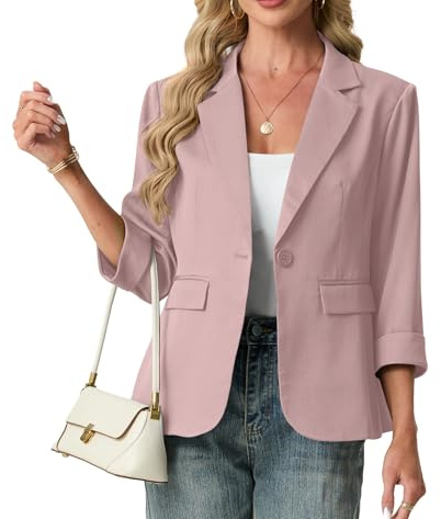 GRECERELLE Blazers for Women Suit 3/4 Sleeve Ladies Jackets Elegant Formal Notched Lapel Cardigans Office,Work,Wedding Coats Causal Outerwear with Pockets, Buttons (Pink, 14)