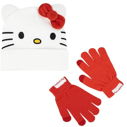 Hello Kitty Set di Cappello e Guanti per Ragazze, Cappello Invernale con Design 3D, Regalo per Bambina