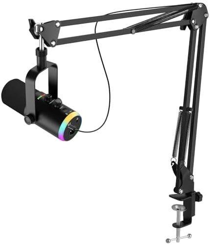 FerBuee XLR USB Dynamic Microphone with RGB Light, Volume Control, Mute Button, 3.5mm Headphone Jack. Compatible with Mixers, Sound Cards, PC, MAC (Black)