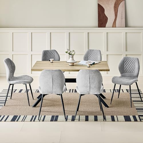 JIJIAN Essgruppen mit Heller Holz Esstisch und 6 Grauer Stühle | Rechteckiger Esstisch in 140 x 80 x 76 cm mit 6 Ergonomischer Design Leinen Esszimmerstühle, für Esszimmer, Küche, Wohnzimmer