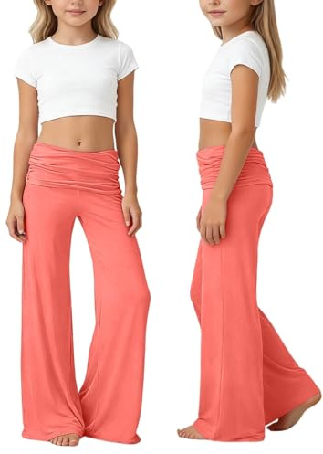Coral Fold Over Yoga Pants Kinder, Weite Lounge Hose Mit Raffung, Loose Fit Uni Corals Pants Coral Fold-Over-Yogahose,Mädchen Korallfarbene Faltenhose, Weite Palazzo Hose Mit Hohem Umschlagbund